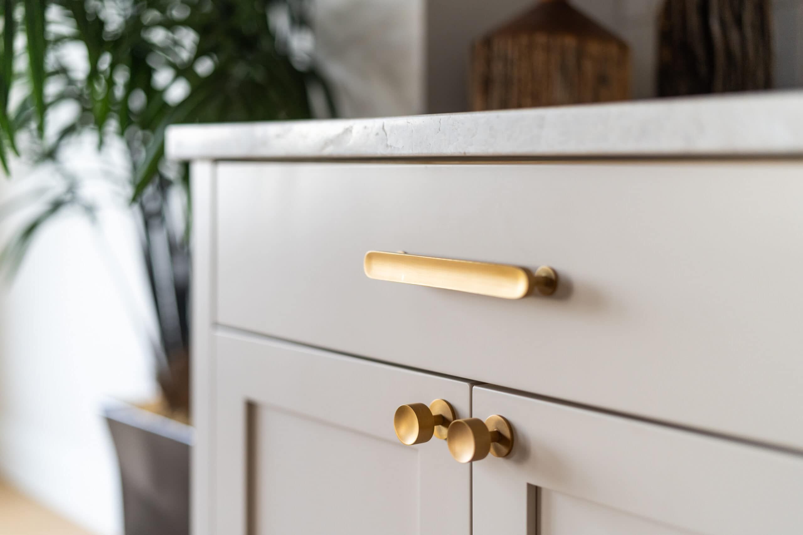 Detail shot of cabinet pull knobs, one is long and two are small and circular